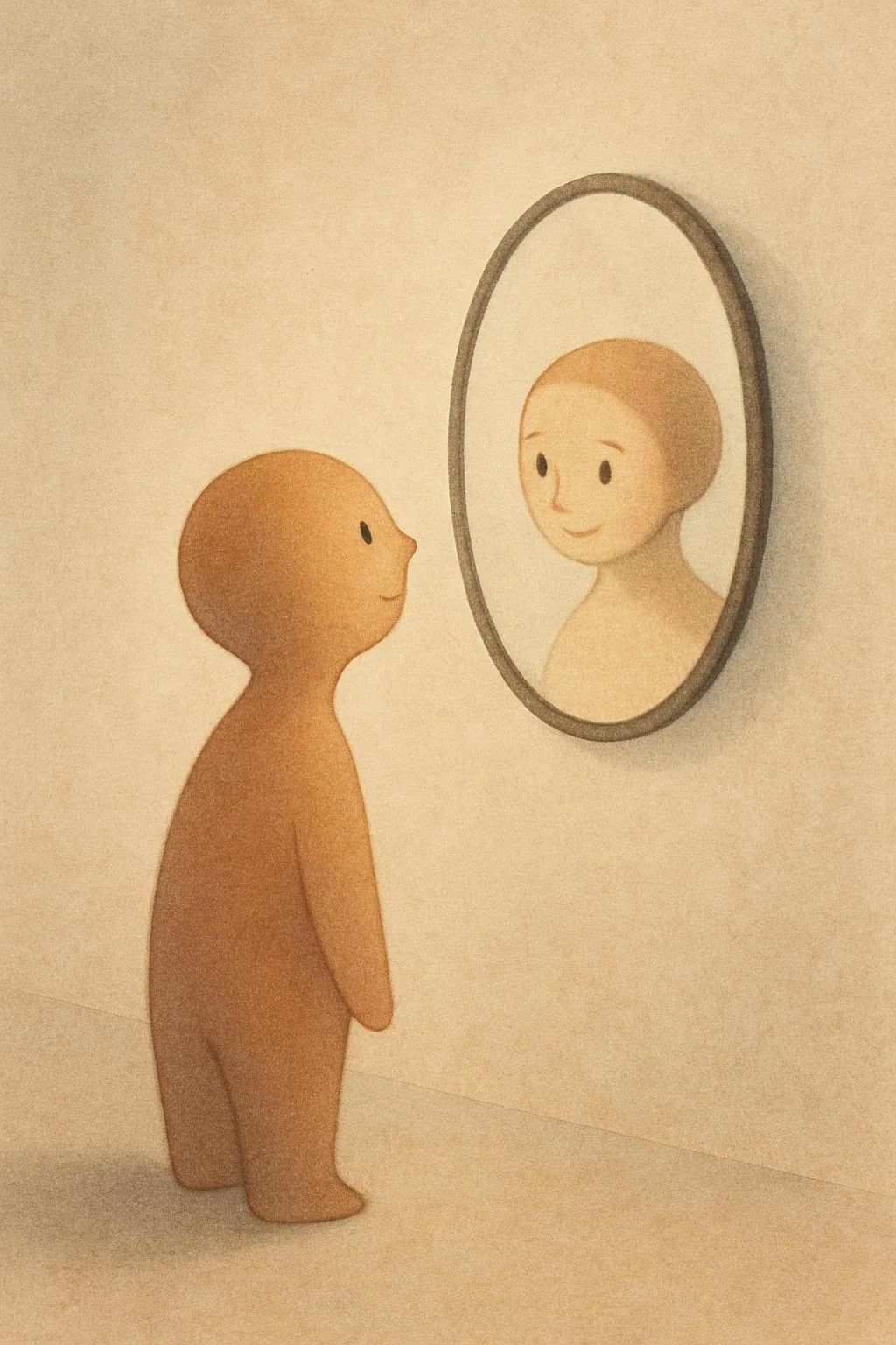 A figure made of smooth brown material looks into a circular wall-mounted mirror that reflects a similar, less clearly formed shape.