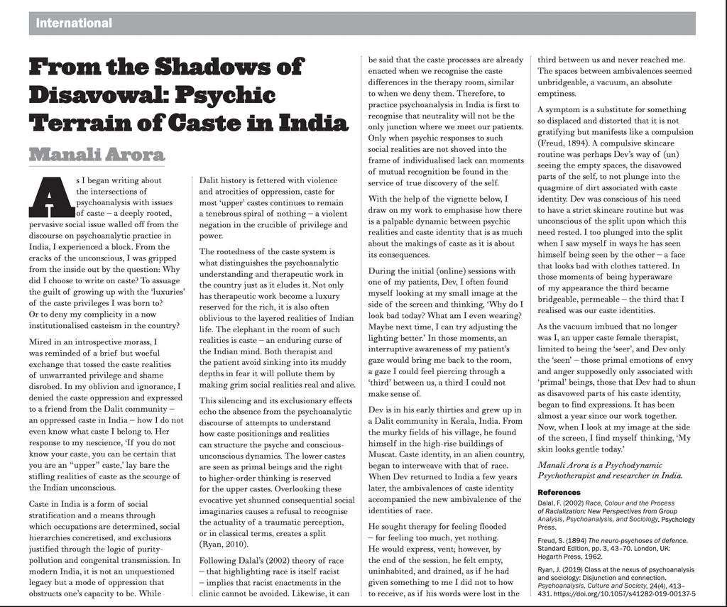 Spread from the British Psychoanalytic Council’s New Associations magazine featuring an article on caste in psychoanalytic practice in India.