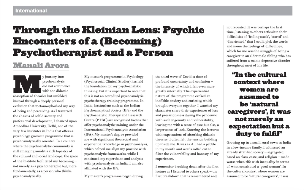 Spread from the British Psychoanalytic Council’s New Associations magazine featuring the essay “Through the Kleinian Lens”.