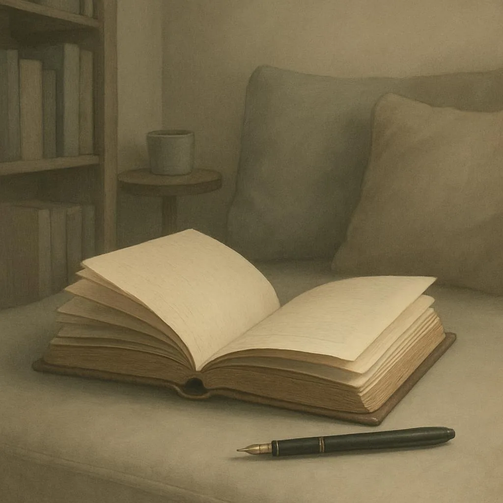 An open book on a couch beside a pen.