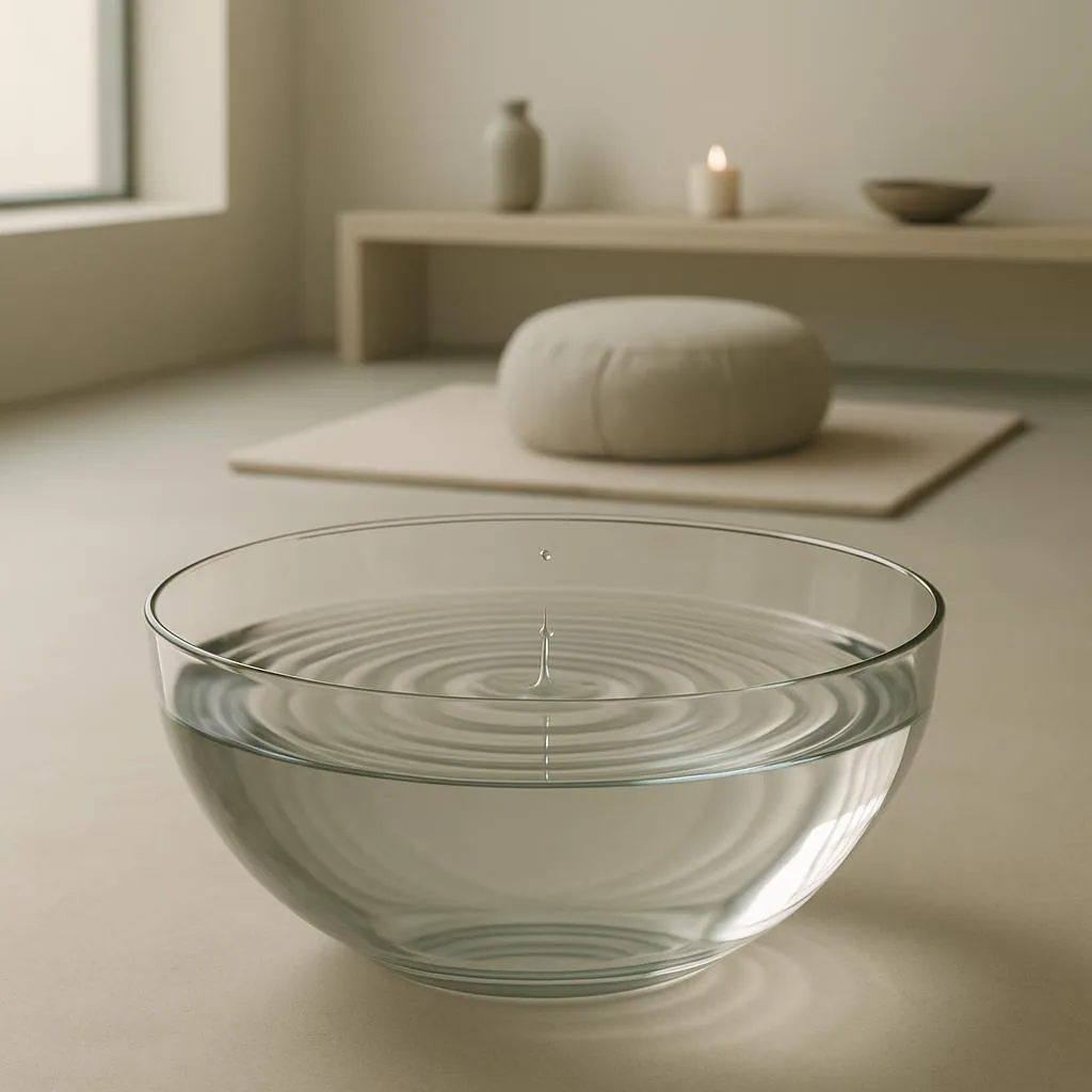 A serene meditation room with a large window, a low wooden table holding two vases, and a lit candle.