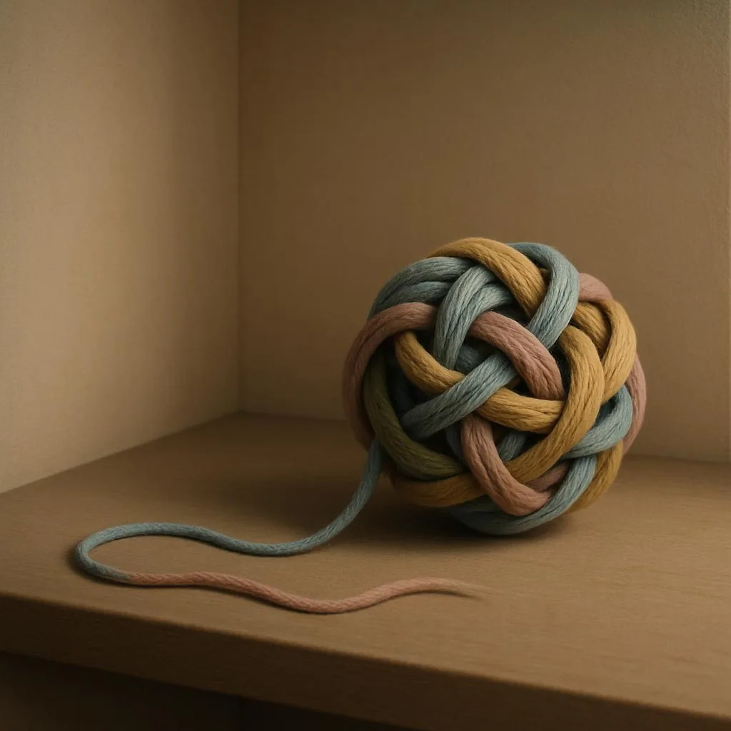 A ball of yarn with assorted colors sits in a brown cardboard box.