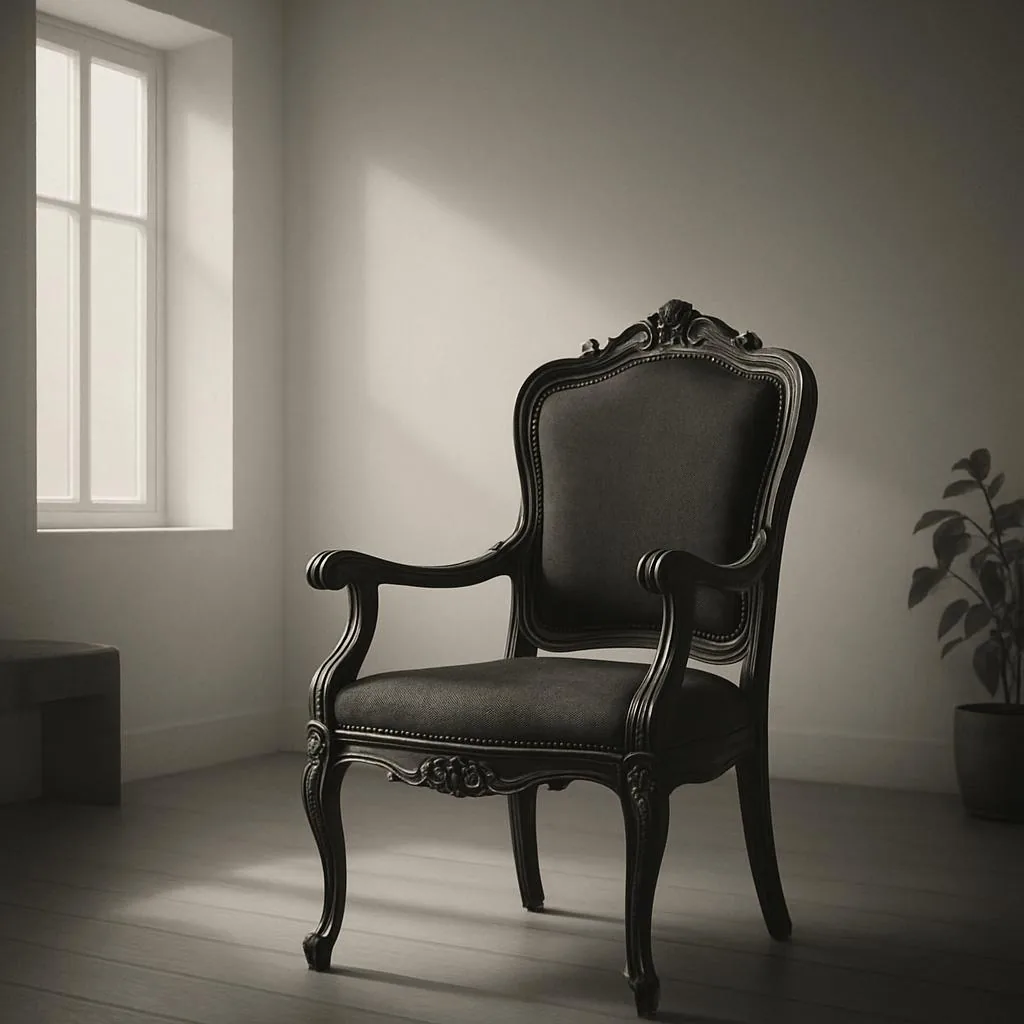 An empty dark room with a chair in the corner.