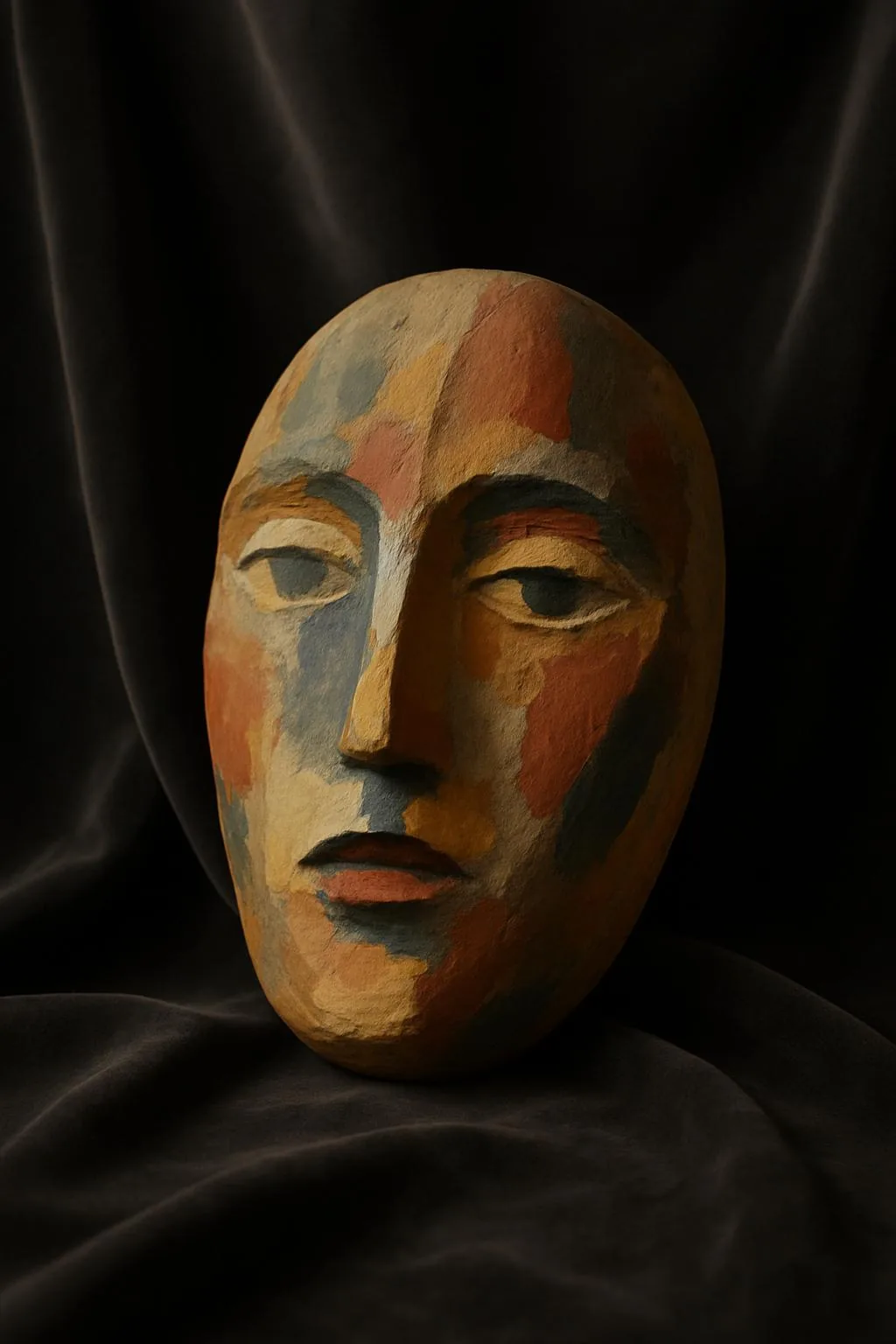 A handmade paper mache stone mask.