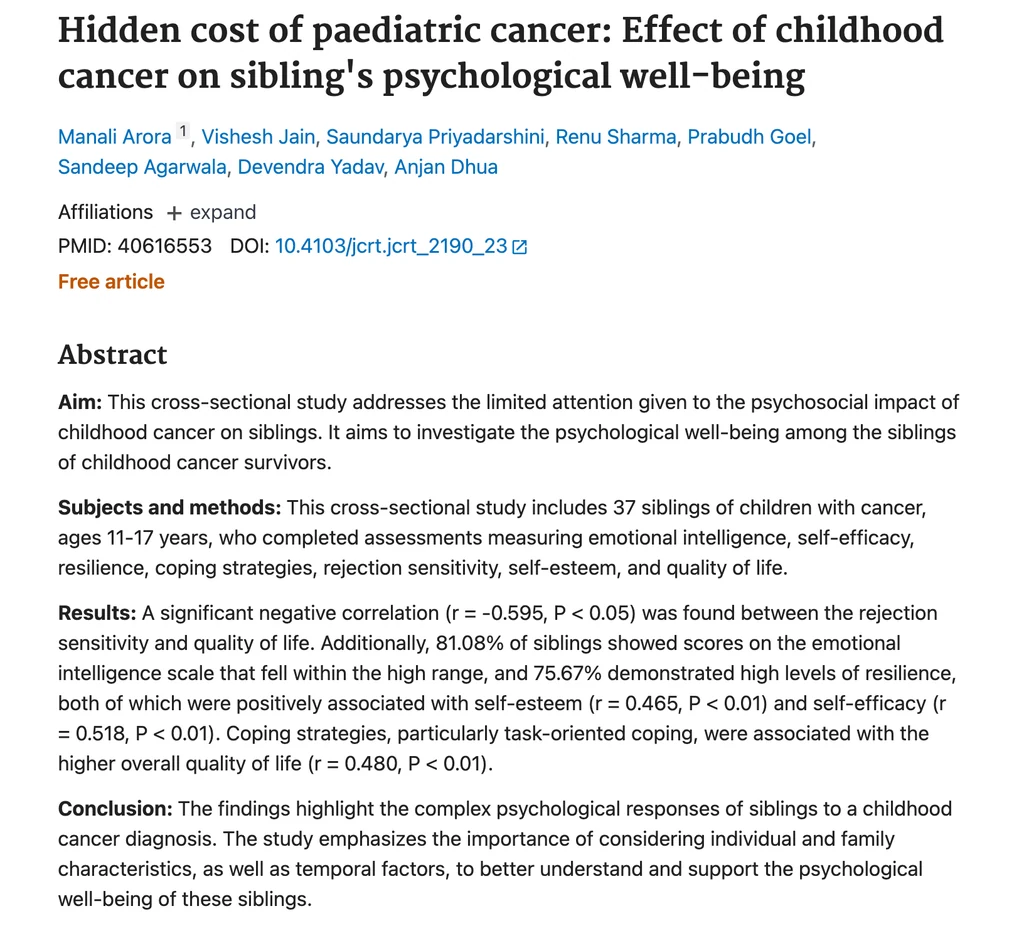 First page of “Hidden cost of paediatric cancer” in the Journal of Cancer Research and Therapeutics, 2025.